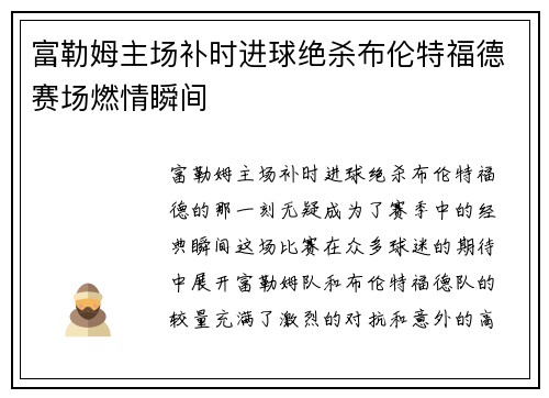 富勒姆主场补时进球绝杀布伦特福德赛场燃情瞬间