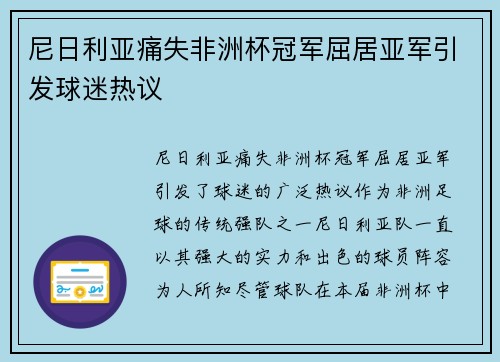 尼日利亚痛失非洲杯冠军屈居亚军引发球迷热议